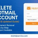 Guide showing how to delete a Hotmail account permanently with support contact and Hotmail login screen design.