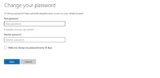 Change Outlook password screen showing new password and confirm password fields